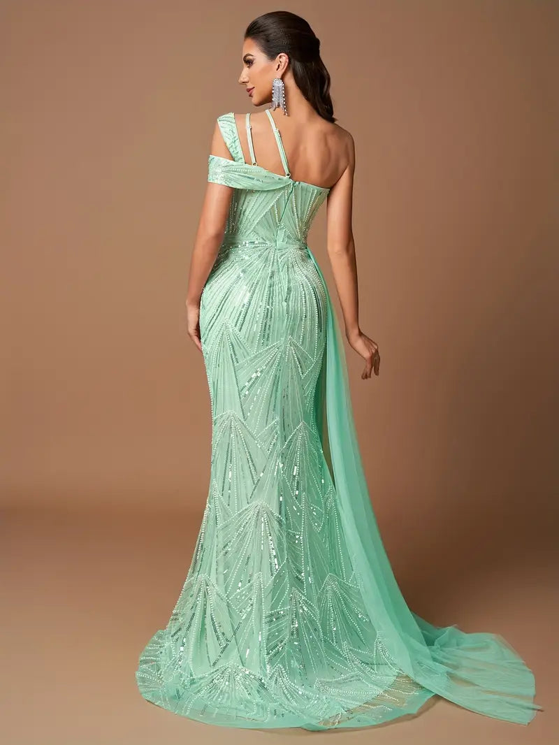 Elegant Mint Green Sequin Mermaid Gown with High Slit - Long Sleeve, Asymmetrical Neckline, Floor-Length Evening Dress for Women, Perfect for Parties and Formal Events, Formal Evening Gown