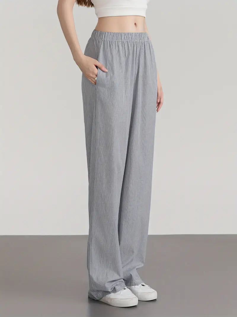 Women'S Wide Leg Pants, Casual Solid Color Straight Leg Trousers with Elastic Waist, Adult Lounge Pajama Bottoms - Woven, All-Season