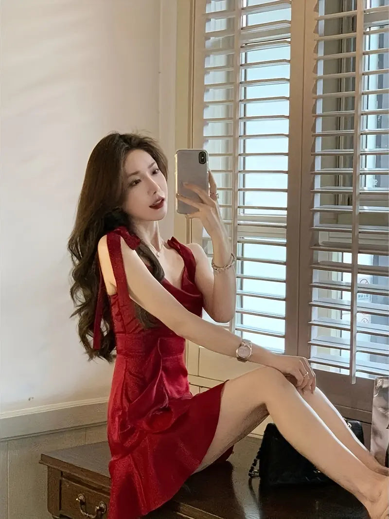 Women'S Red Off-Shoulder Ruffled Mini Dress - Sexy Backless Summer Beach Dress with Tie Waist, Lightweight Polyester for Vacation & Casual Outings, Beach Dress
