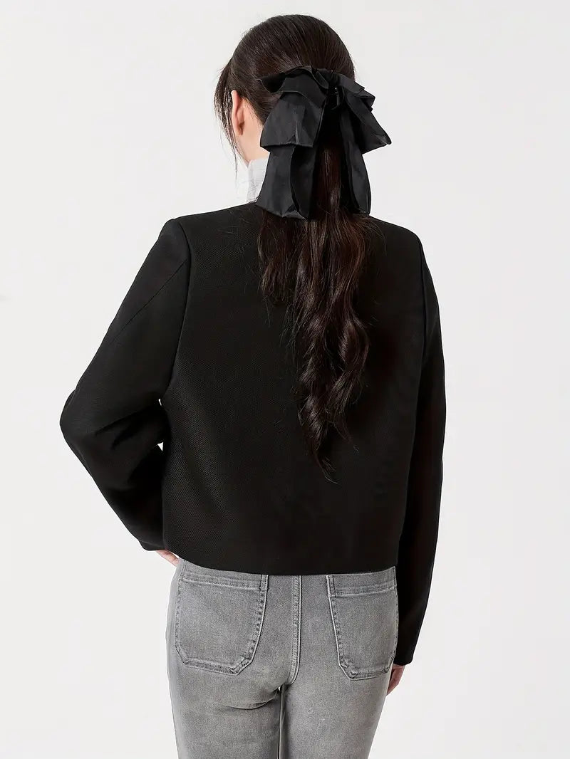 Women's Cashmere-Infused Elegant Black Coat - Tailored Winter Jacket with Structured Shoulders, Dry Clean Only, Solid Color Design for Fall & Winter, Casual Chic Outerwear