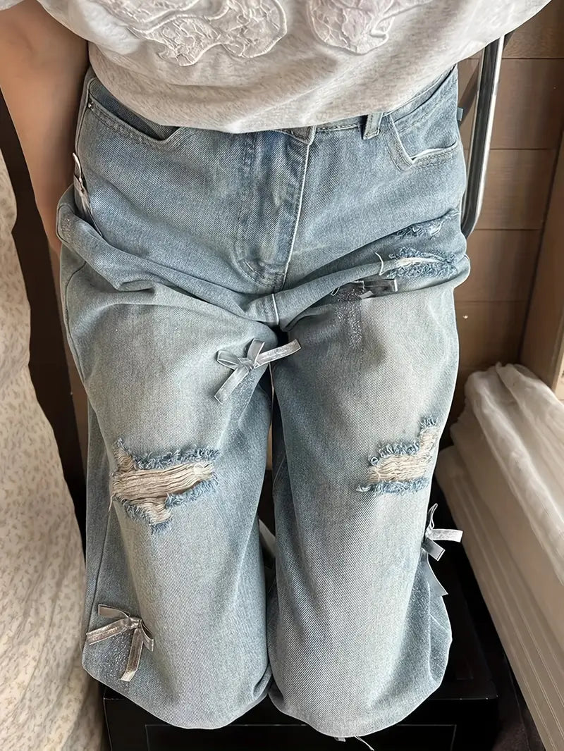 Retro Blue Distressed Women'S Jeans - High-Rise Loose Straight Cut, Frayed Hem Design, Casual 90s Style & Long Flow Y2K Denim Pants, All-Season Comfort, High Waist Jeans, Everyday Fashion, Durable Fabric
