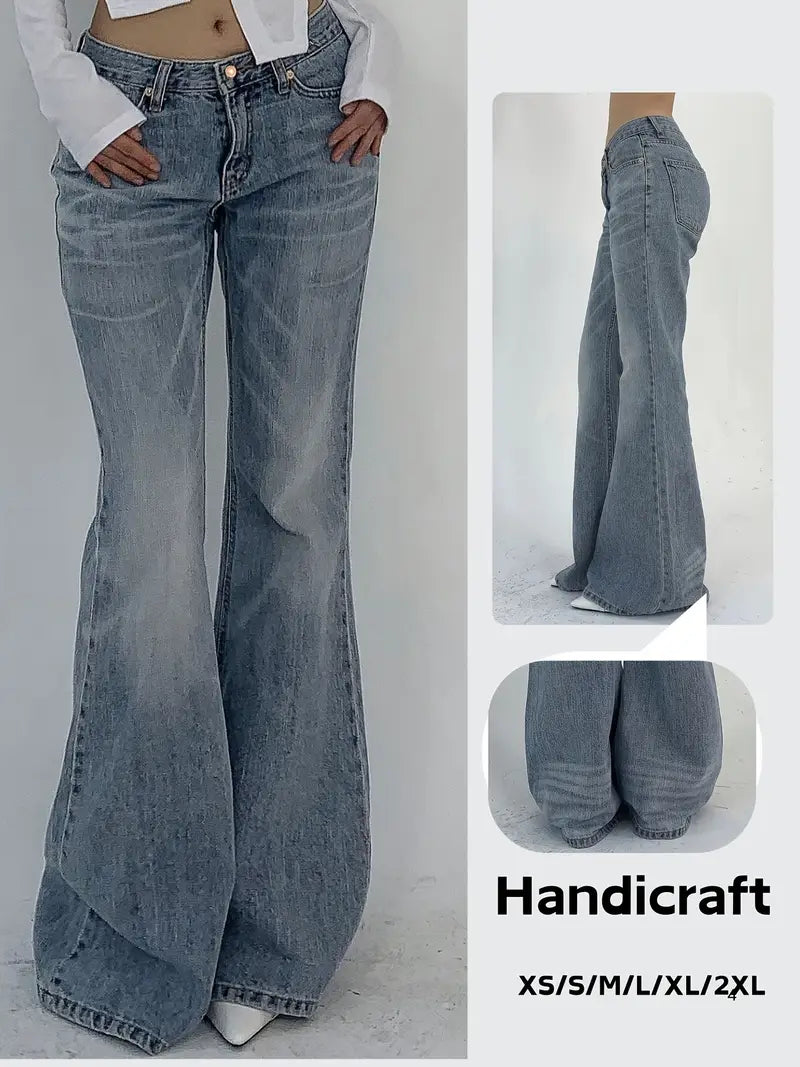 Women'S Elegant Stretch Denim Flare Jeans - Slim Fit Low-Rise Wide-Leg Pants with Pockets, Zipper Closure & Button Detail, Light Blue Washed Finish for Spring Summer Fall Casual & Evening Outfits, Seasonal Fashion, Medium Elasticity