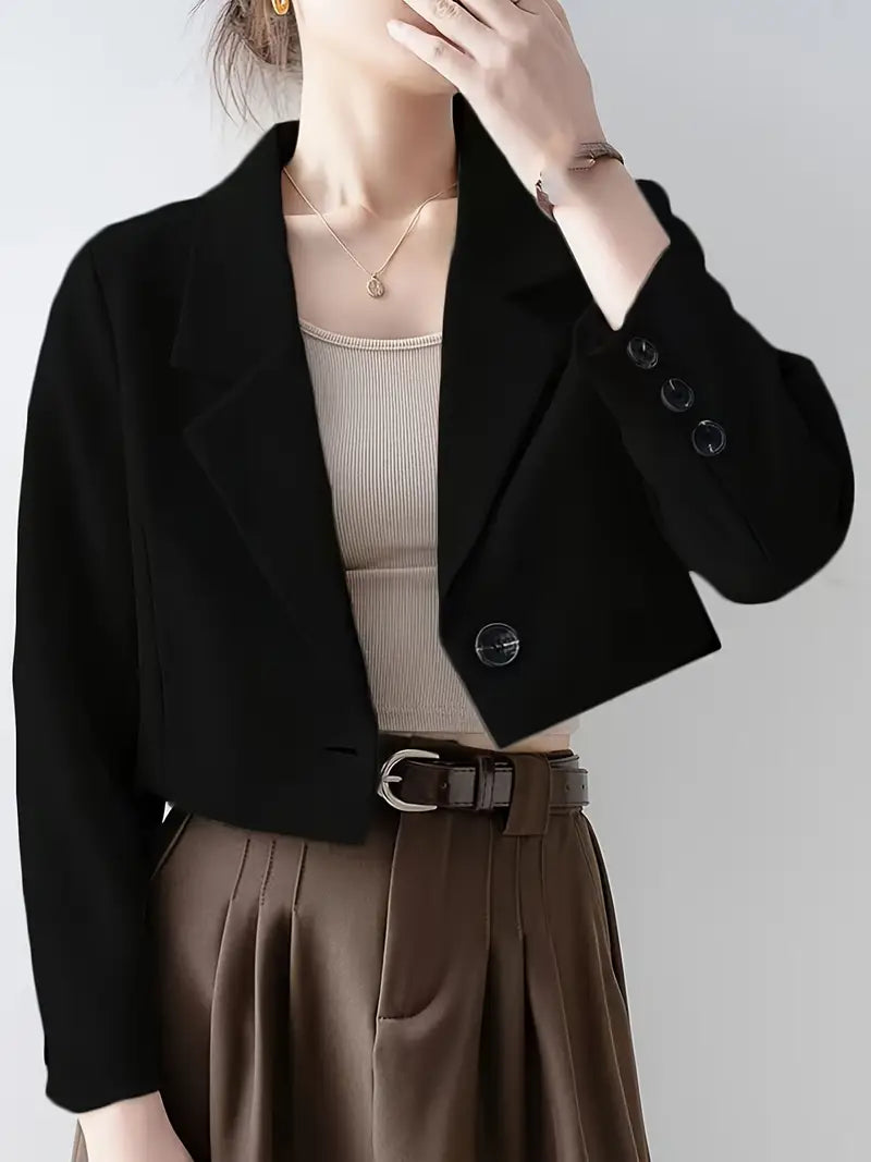 Women's Slim-Fit Short Blazer - Black Casual Chic Single-Breasted Lapel Collar Long Sleeve Office Jacket, Lightweight Spring Summer Versatile Workwear for Professional & Social Occasions