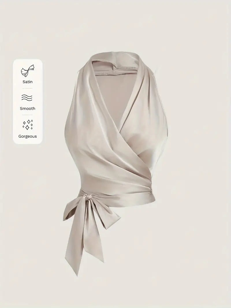 Y100- Spring/Summer Elegant New French Retro Apricot Sleeveless Asymmetrical Hem V-Neck Bow Decoration, Embellishment, Body Shaping Fashion Vest, Music Festival Top, Party Top, Daily Top, Love-Filled Top -LL425
