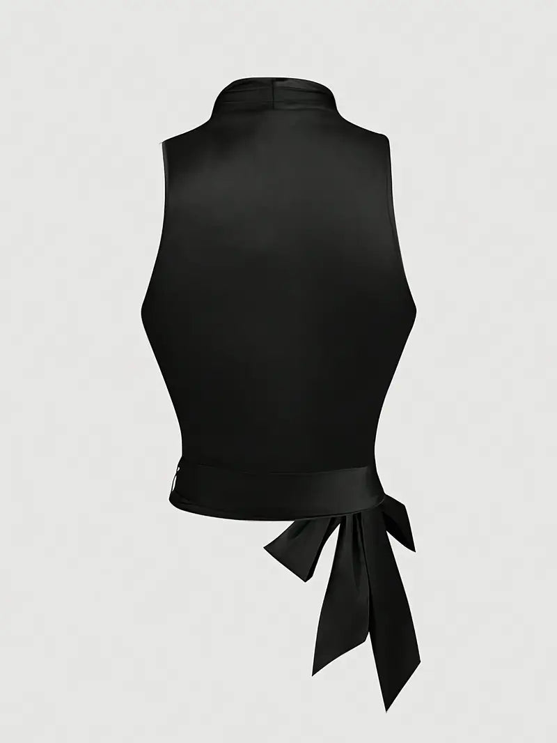 Y100- Spring/Summer Elegant New French Retro Apricot Sleeveless Asymmetrical Hem V-Neck Bow Decoration, Embellishment, Body Shaping Fashion Vest, Music Festival Top, Party Top, Daily Top, Love-Filled Top -LL425
