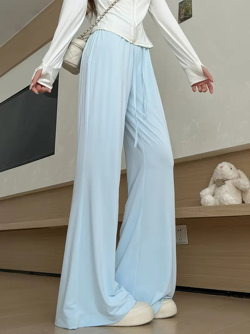 Women's Bell Bottom Pants - Slim Fit Ruching Detail Wide-Leg Trousers with Adjustable Drawstring Waist, Breathable Lightweight Fabric for Spring/Summer Casual Outings (Elegant Collection), Summer Clothing, Comfortable Wear