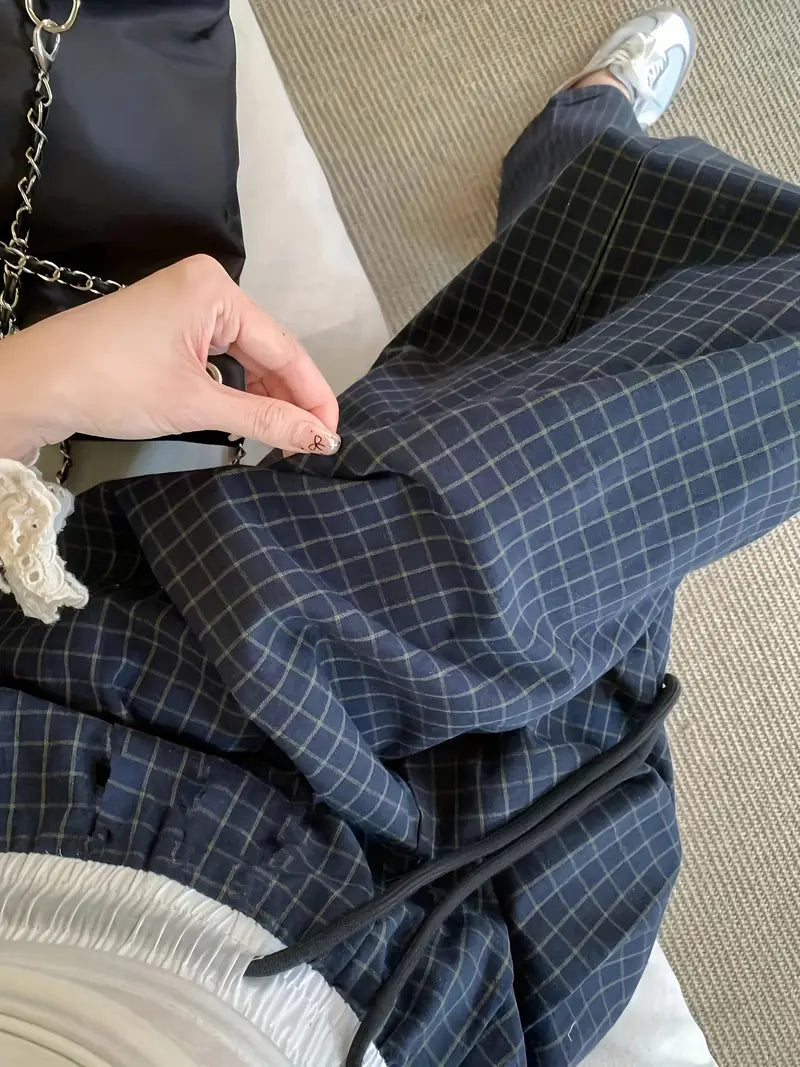 Women's Retro Checkerboard Casual Wide Leg Pants - High Waisted Loose Fit Lightweight Breathable Summer Trousers with Pockets, Straight Leg Geometric Pattern for Outdoor & Casual Attire, Relaxed Outfit, Vintage Aesthetic