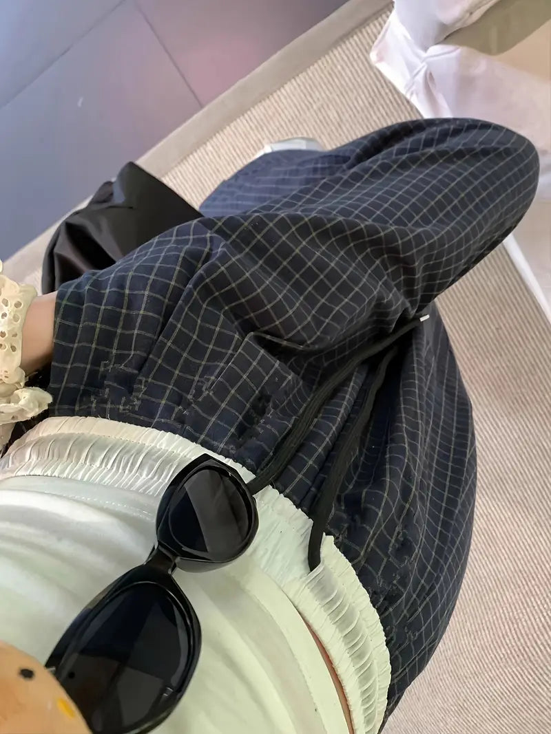 Women's Retro Checkerboard Casual Wide Leg Pants - High Waisted Loose Fit Lightweight Breathable Summer Trousers with Pockets, Straight Leg Geometric Pattern for Outdoor & Casual Attire, Relaxed Outfit, Vintage Aesthetic