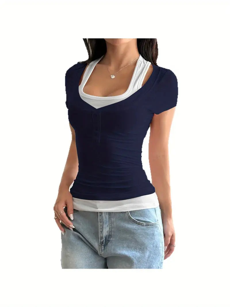 European and American Spice s Wind Fake Two-piece Suspender Short Sleeve T-Shirt Women's Spring and Summer