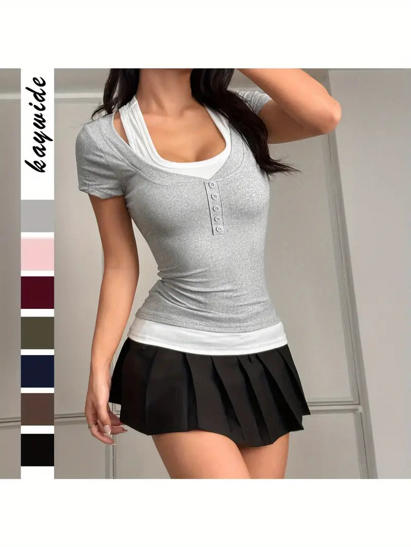 European and American Spice s Wind Fake Two-piece Suspender Short Sleeve T-Shirt Women's Spring and Summer