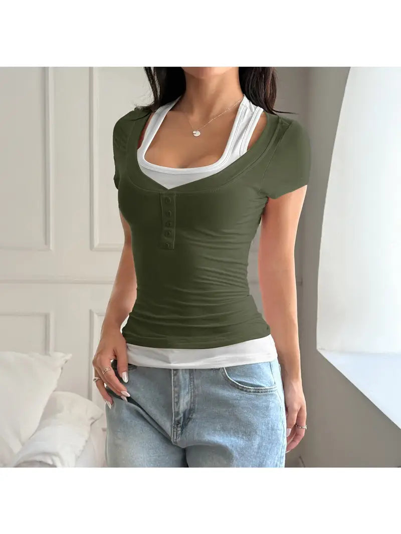 European and American Spice s Wind Fake Two-piece Suspender Short Sleeve T-Shirt Women's Spring and Summer