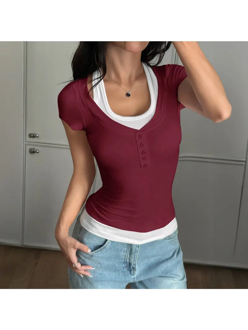 European and American Spice s Wind Fake Two-piece Suspender Short Sleeve T-Shirt Women's Spring and Summer