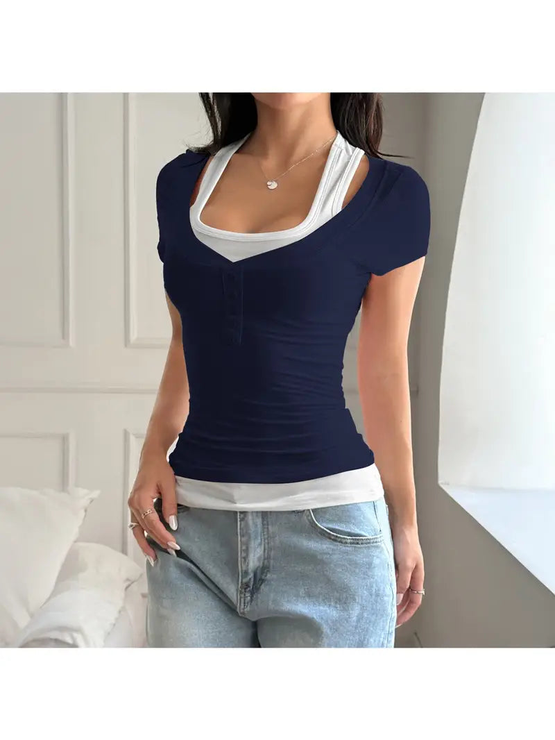 European and American Spice s Wind Fake Two-piece Suspender Short Sleeve T-Shirt Women's Spring and Summer