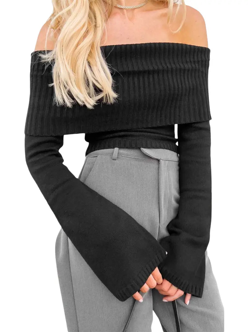 Women Sweater Long Sleeve Off-shoulder Solid Knit Pullover Tops For Daily Street