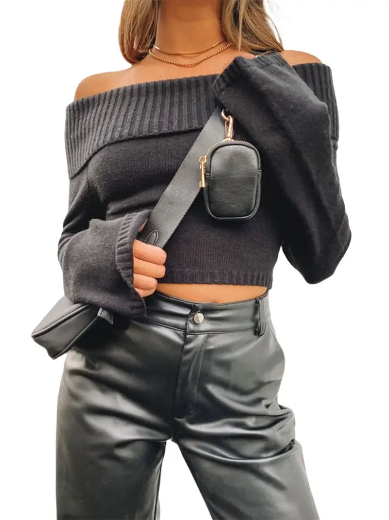 Women Sweater Long Sleeve Off-shoulder Solid Knit Pullover Tops For Daily Street