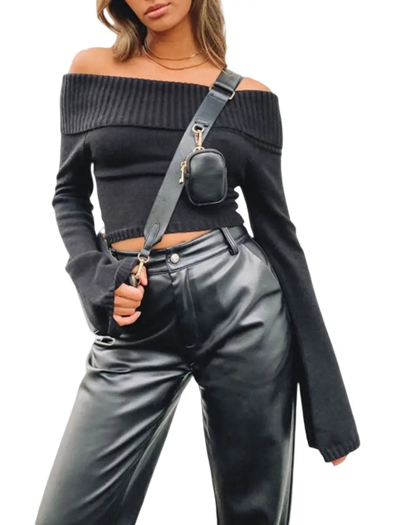 Women Sweater Long Sleeve Off-shoulder Solid Knit Pullover Tops For Daily Street