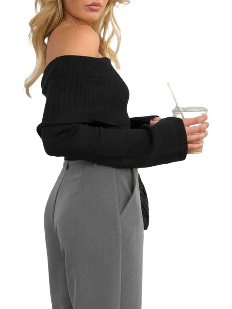 Women Sweater Long Sleeve Off-shoulder Solid Knit Pullover Tops For Daily Street