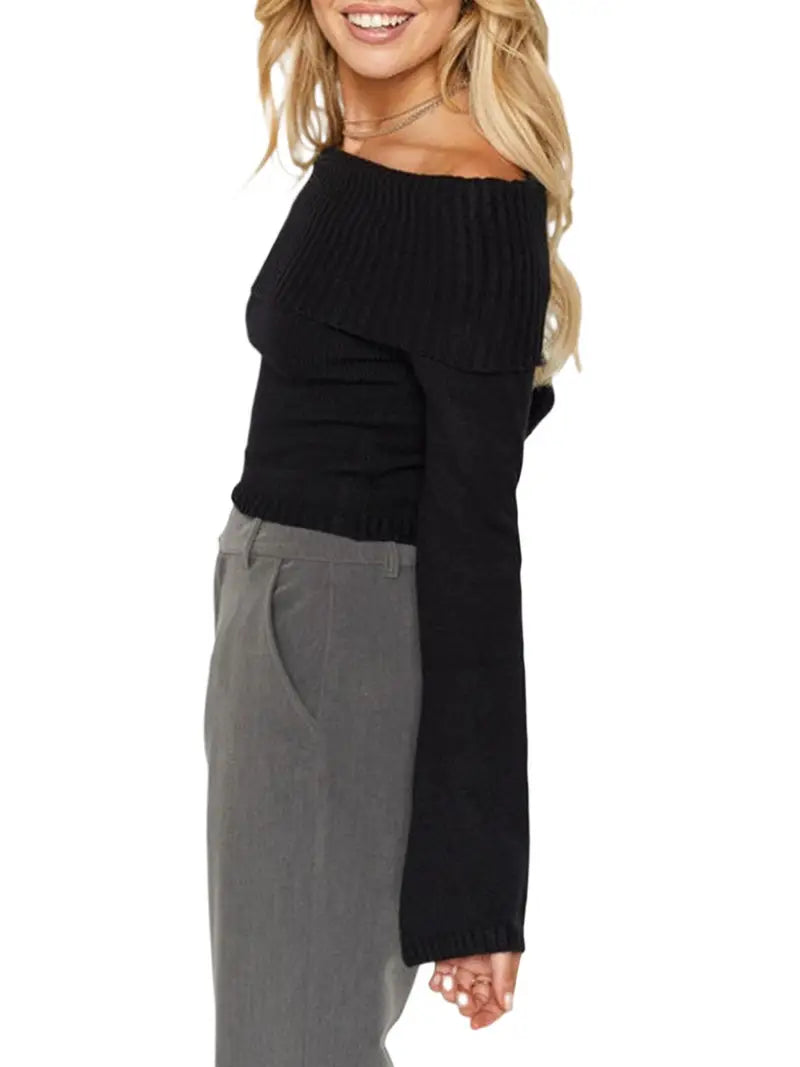Women Sweater Long Sleeve Off-shoulder Solid Knit Pullover Tops For Daily Street
