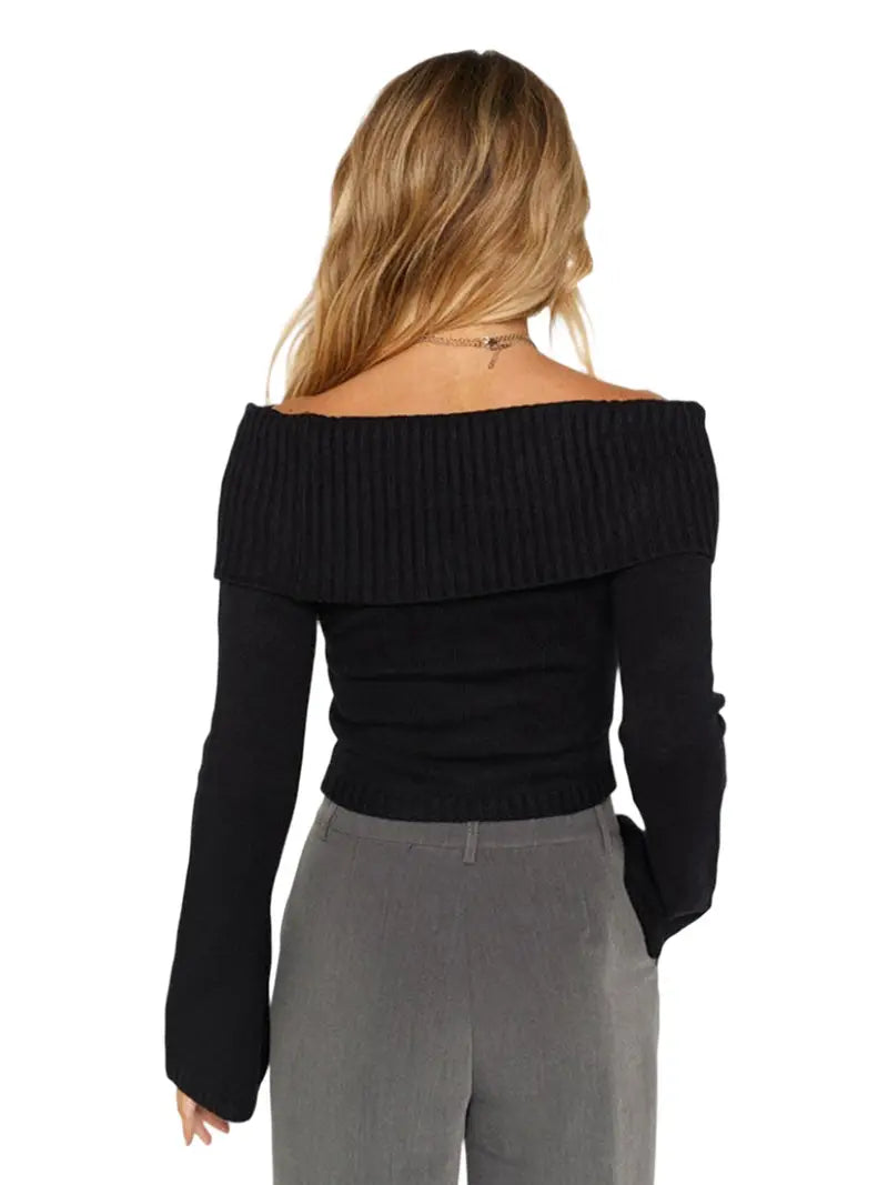 Women Sweater Long Sleeve Off-shoulder Solid Knit Pullover Tops For Daily Street