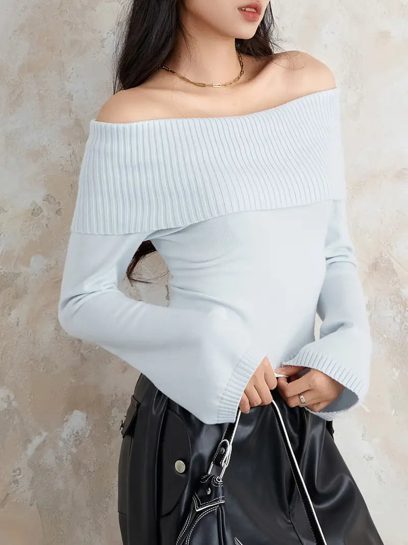 Women Sweater Long Sleeve Off-shoulder Solid Knit Pullover Tops For Daily Street
