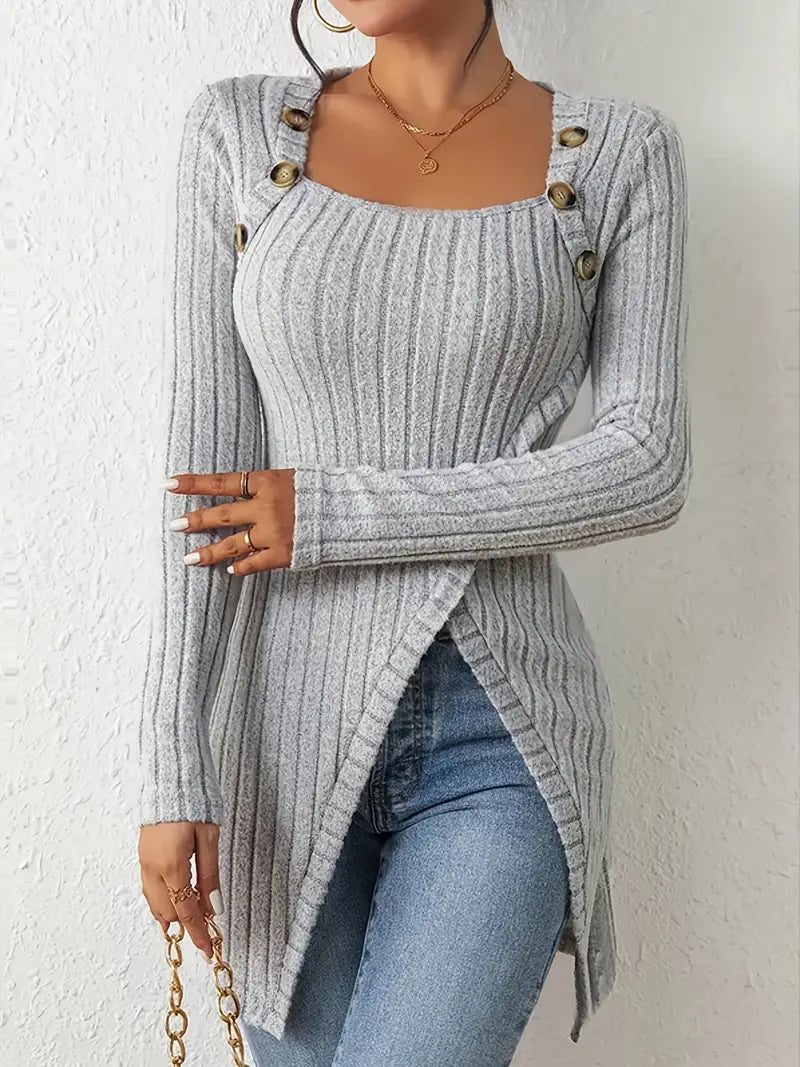 1pc Women'S Casual Solid Color Long Sleeve Knit Top with Square Neck and Asymmetrical Hem - Winter Knit Fabric Longline Tunic Shirt