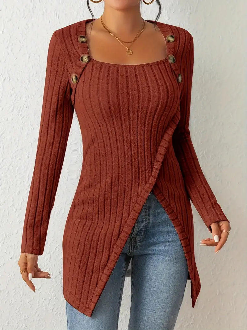 1pc Women'S Casual Solid Color Long Sleeve Knit Top with Square Neck and Asymmetrical Hem - Winter Knit Fabric Longline Tunic Shirt