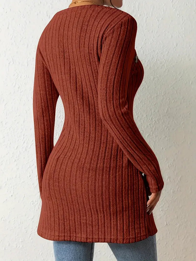 1pc Women'S Casual Solid Color Long Sleeve Knit Top with Square Neck and Asymmetrical Hem - Winter Knit Fabric Longline Tunic Shirt