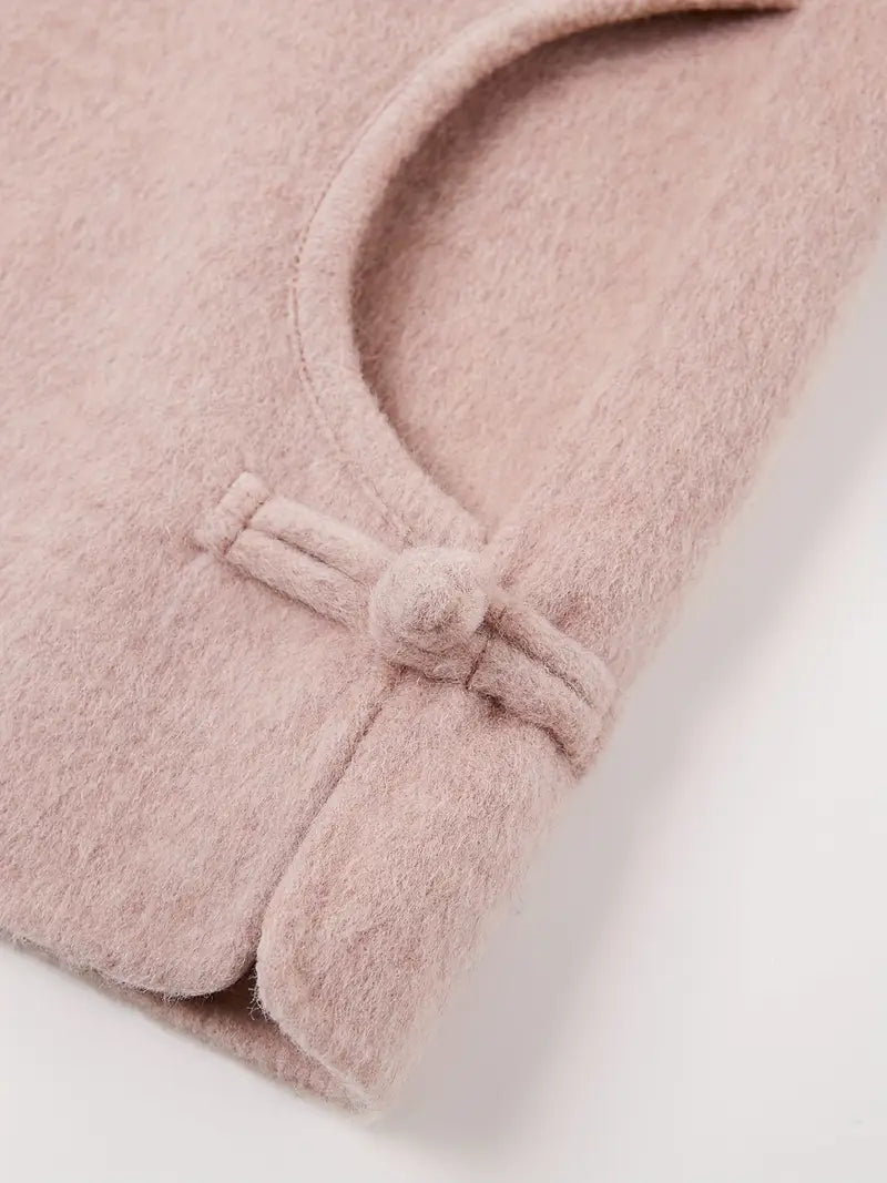 Tweed Coat - Classic Round Neck Short Parka with Button Detailing, H-Silhouette Regular Fit, Soft Pink Solid Color, Dry Clean Only, Winter Outerwear, Casual Chic Apparel, Wool Fabric Blazer, Tailored Craftsmanship