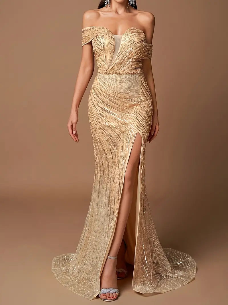 Elegant Off-Shoulder Sequin Gown - Golden, Floor-Length, Sleeveless, Fitted, High-Slit Design with Contrast Detail, Perfect for Adult Evening Events, Formal Attire|Sequin Embellished Dress|Sleek Fit, Dress