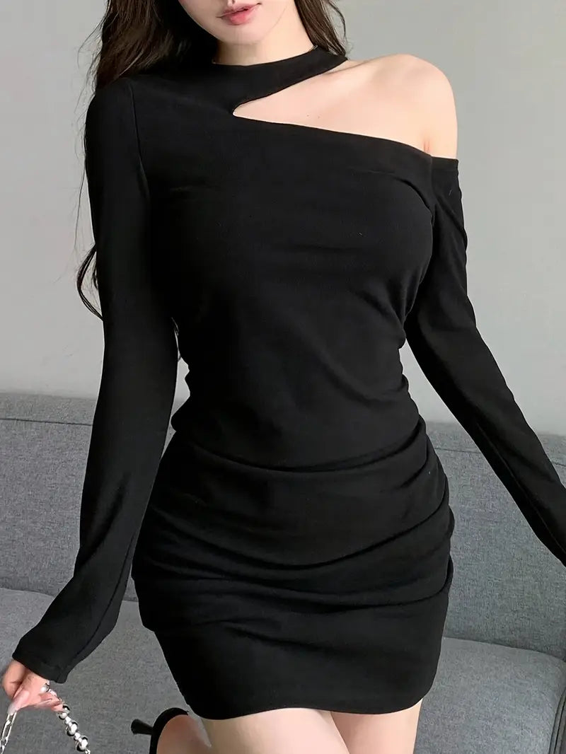 Women's Solid Color Long Sleeve Off-Shoulder Mini Dress | Elegant Brown Bodycon | Ruched Detail | Perfect for Spring/Summer | Casual to Formal Attire
