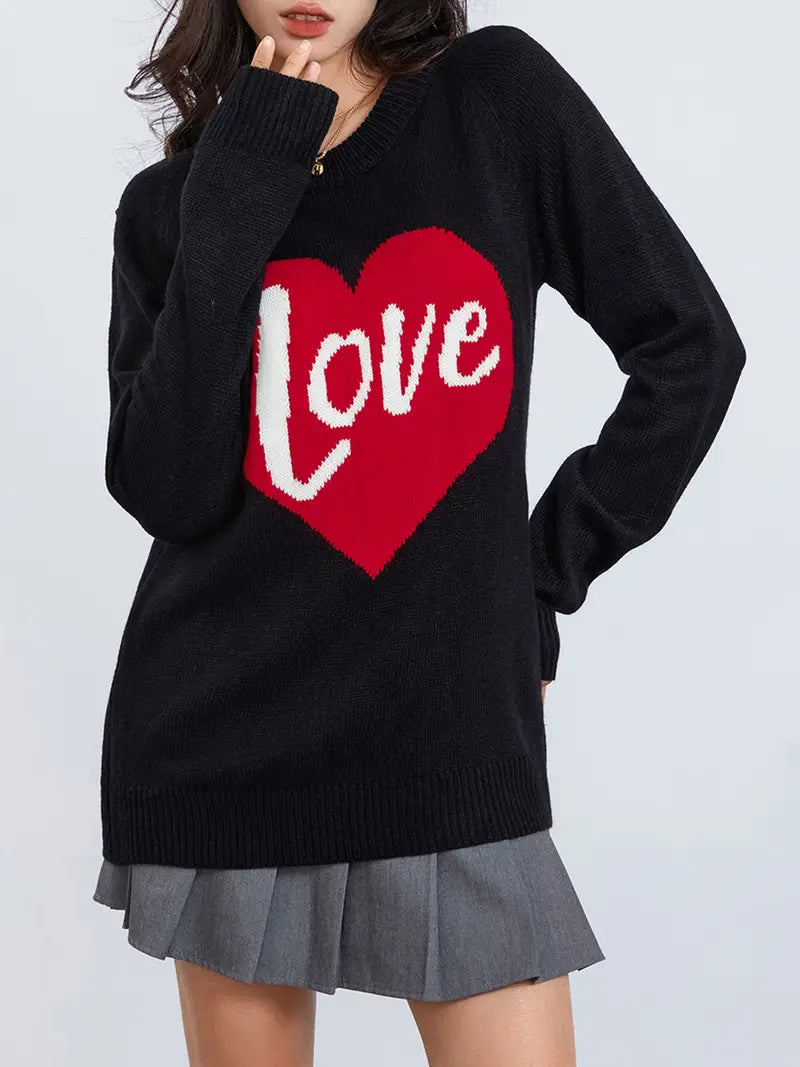 1pc Vintage Style Women'S Knit Sweater with Heart-Shaped "Love" Print - Long Sleeve, Round Neck, Thin Pullover with One Shoulder Collar and Fake Buttons Detail for Fall Season