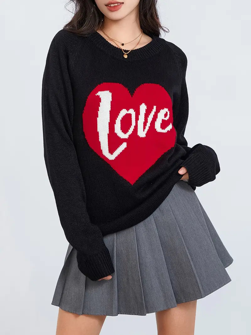 1pc Vintage Style Women'S Knit Sweater with Heart-Shaped "Love" Print - Long Sleeve, Round Neck, Thin Pullover with One Shoulder Collar and Fake Buttons Detail for Fall Season