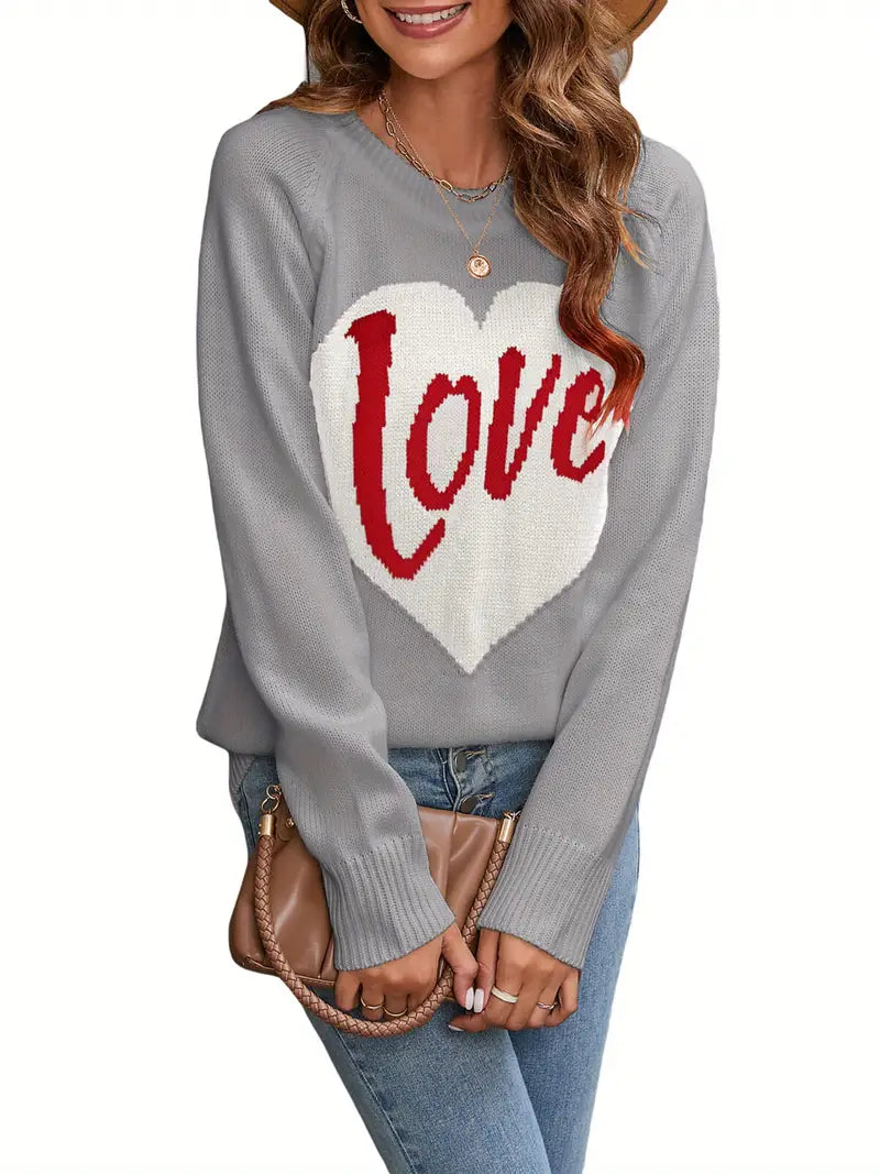 1pc Vintage Style Women'S Knit Sweater with Heart-Shaped "Love" Print - Long Sleeve, Round Neck, Thin Pullover with One Shoulder Collar and Fake Buttons Detail for Fall Season