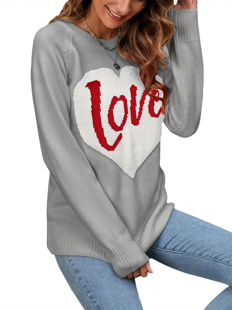 1pc Vintage Style Women'S Knit Sweater with Heart-Shaped "Love" Print - Long Sleeve, Round Neck, Thin Pullover with One Shoulder Collar and Fake Buttons Detail for Fall Season