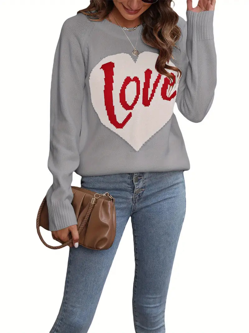 1pc Vintage Style Women'S Knit Sweater with Heart-Shaped "Love" Print - Long Sleeve, Round Neck, Thin Pullover with One Shoulder Collar and Fake Buttons Detail for Fall Season