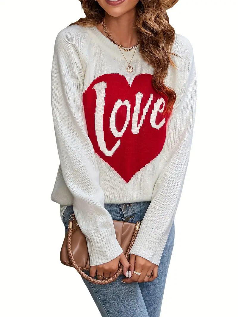 1pc Vintage Style Women'S Knit Sweater with Heart-Shaped "Love" Print - Long Sleeve, Round Neck, Thin Pullover with One Shoulder Collar and Fake Buttons Detail for Fall Season