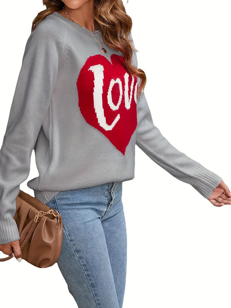 1pc Vintage Style Women'S Knit Sweater with Heart-Shaped "Love" Print - Long Sleeve, Round Neck, Thin Pullover with One Shoulder Collar and Fake Buttons Detail for Fall Season