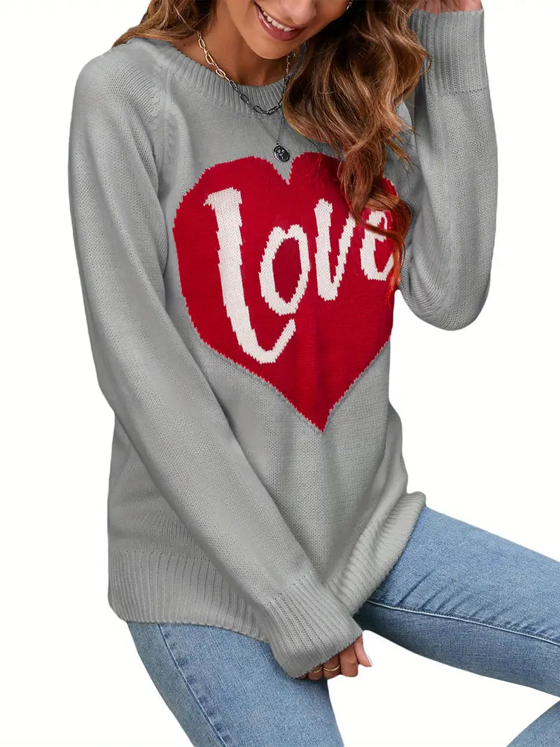 1pc Vintage Style Women'S Knit Sweater with Heart-Shaped "Love" Print - Long Sleeve, Round Neck, Thin Pullover with One Shoulder Collar and Fake Buttons Detail for Fall Season