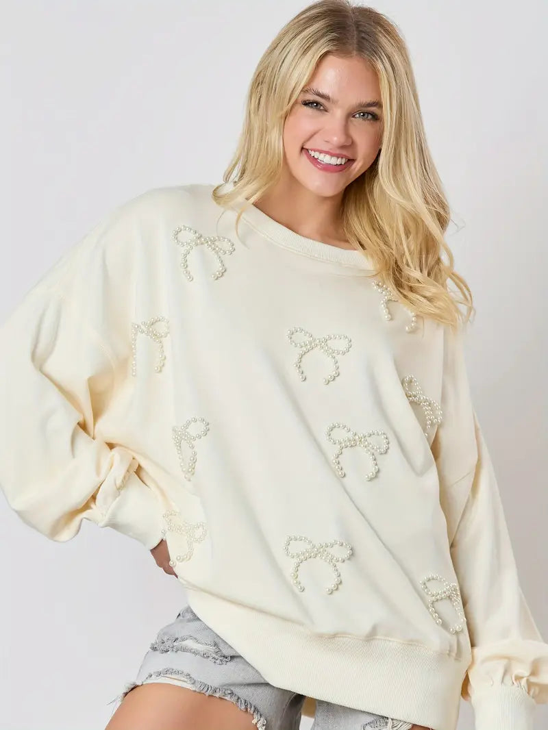 Women Y2K Pearl Bow Sweatshirt Long Sleeve Crew Neck Oversized Pullover Shirt Fairycore Fall Going Out Clothes