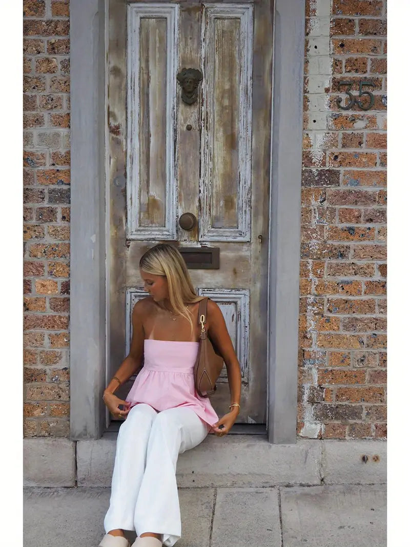Women Sexy Strapless Ruffle Hem Tube Top Summer Solid Sleeveless Backless tube top Pleated Peplum Flowy Bandeau Top