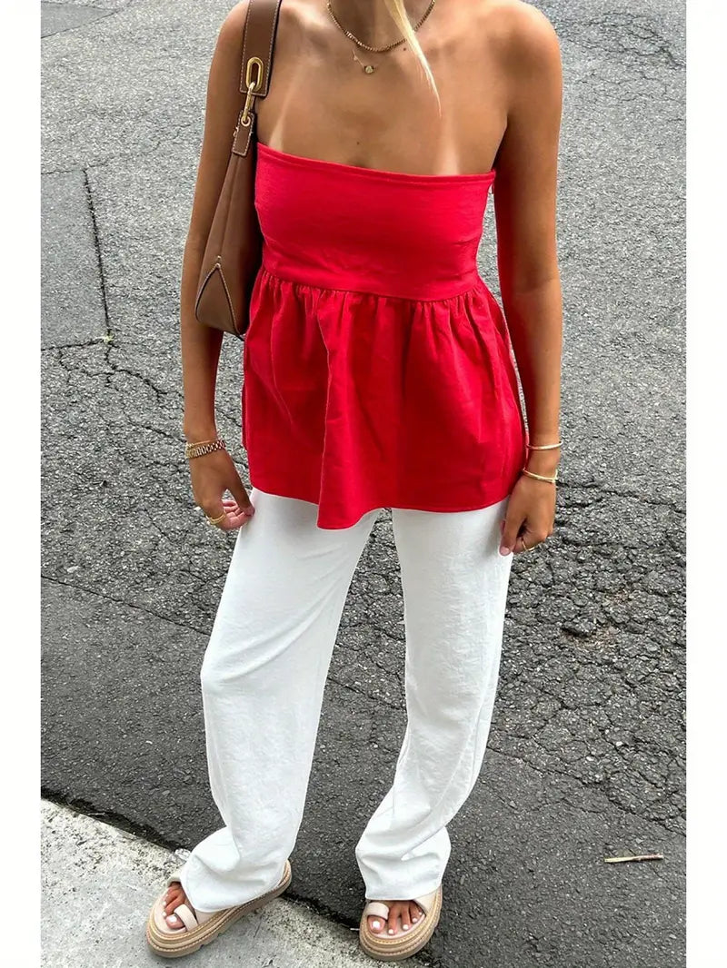 Women Sexy Strapless Ruffle Hem Tube Top Summer Solid Sleeveless Backless tube top Pleated Peplum Flowy Bandeau Top