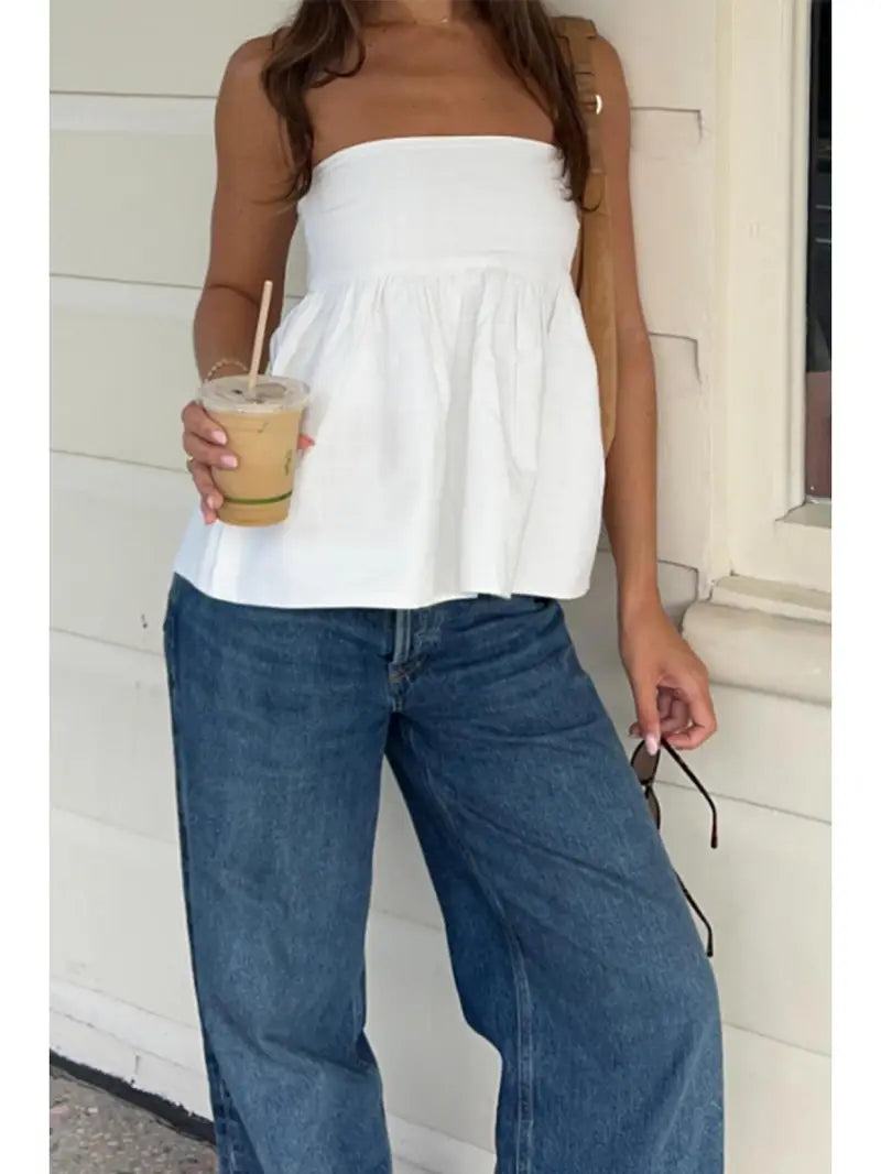Women Sexy Strapless Ruffle Hem Tube Top Summer Solid Sleeveless Backless tube top Pleated Peplum Flowy Bandeau Top