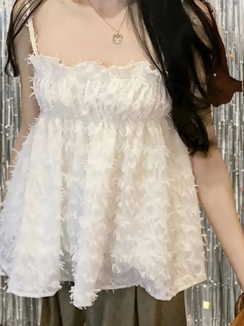 Elegant White Tasseled Camisole Top for Women - Vintage Sleeveless Pleated Summer Vest with Delicate Spaghetti Straps, Perfect for Parties and Clubs