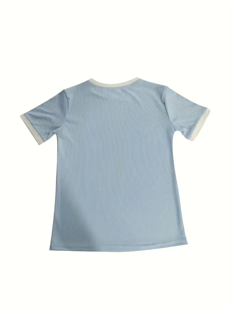 Women's Light Blue Casual Crew Neck Short Sleeve T-Shirt, 100% Polyester Knit Fabric with White Contrast Trim, Regular Fit Summer Top for Casual Attire