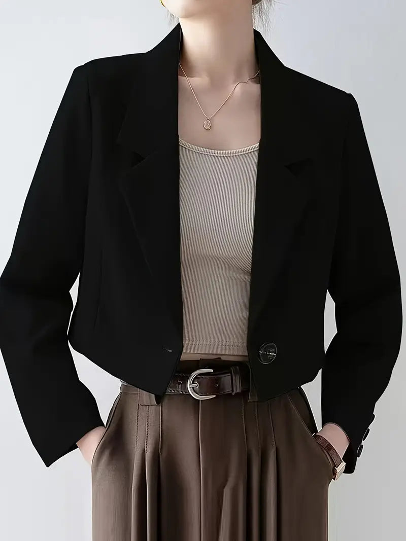 Women's Slim-Fit Short Blazer - Black Casual Chic Single-Breasted Lapel Collar Long Sleeve Office Jacket, Lightweight Spring Summer Versatile Workwear for Professional & Social Occasions