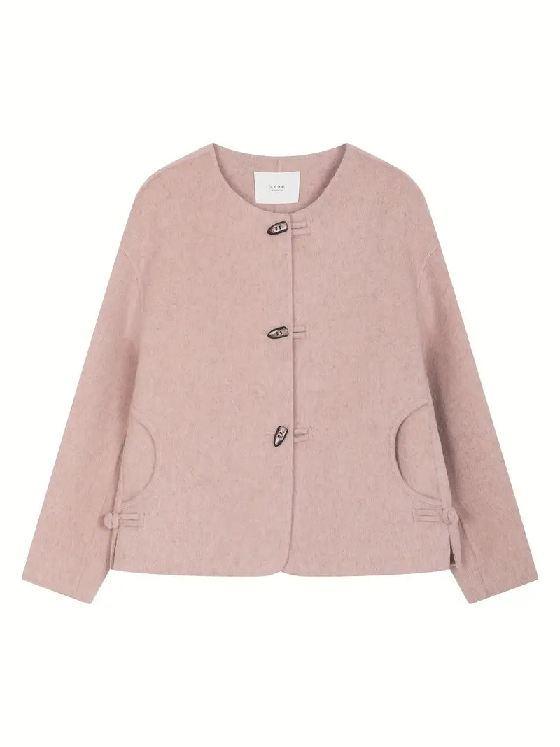 Tweed Coat - Classic Round Neck Short Parka with Button Detailing, H-Silhouette Regular Fit, Soft Pink Solid Color, Dry Clean Only, Winter Outerwear, Casual Chic Apparel, Wool Fabric Blazer, Tailored Craftsmanship