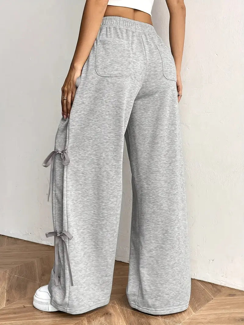Elegant Women's Solid Color Jogger Pants | Wide-Leg, Machine-Washable, Casual Athletic Lounge Pants with Bow Accents, Side Pockets, Drawstring Waist, Quality Stitching