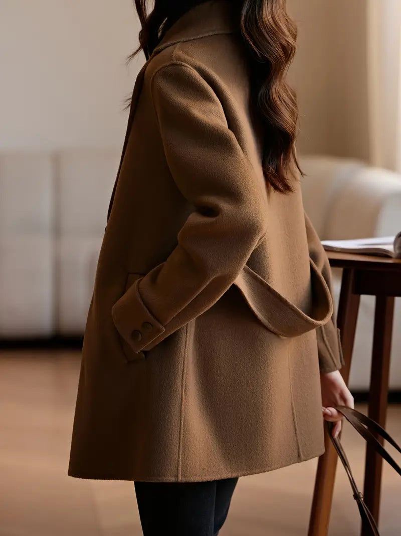 Women's 100% Wool Winter Coat - Handcrafted Double-Breasted Notch Lapel Trench Coat with Adjustable Waist Belt, H-Silhouette Regular Fit, Solid Color Elegant Office & Casual Outerwear