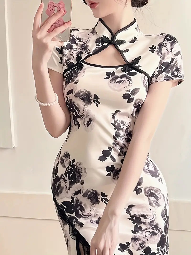 Women's Elegant Chinese Cheongsam Dress with Floral Print - Slim Fit Long Sleeve A-Line Dress, High Slit Thigh Hem & Side Pockets, Machine Washable All-Season Versatile Dress