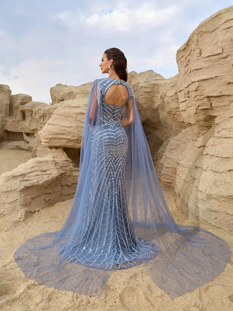 Elegant Middle Eastern-Inspired Women's Backless Evening Gown - Heart Neckline, Long Train & High Slit, Sequin-Embellished Blue Gown with Padded Bust & Cape Sleeves for Weddings, Galas, Spring/Summer Formal Events